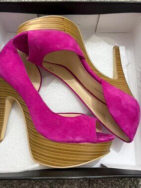 INC International Concepts pink suede peep toe heels